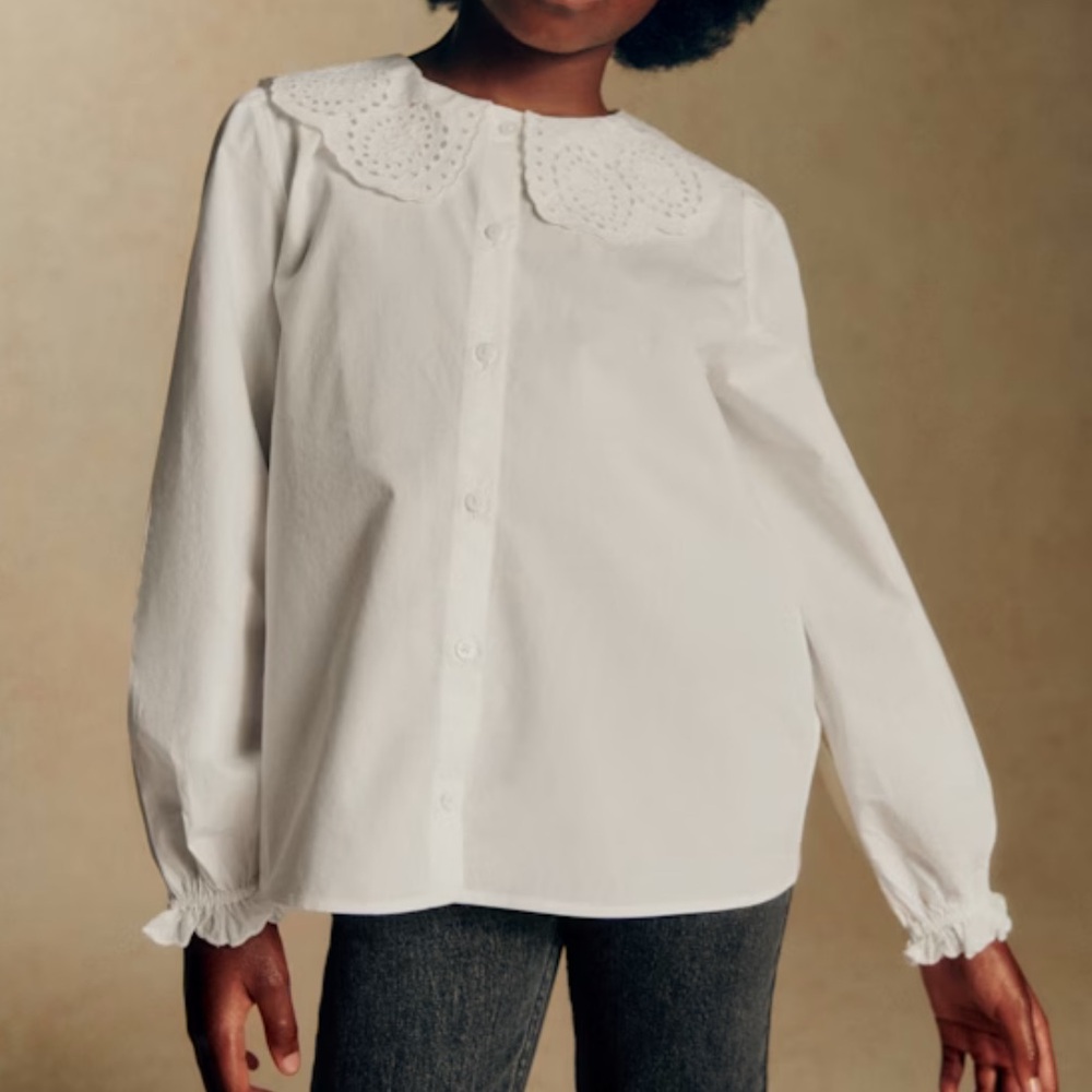 Sezane White Kids Blouse with Eyelet Collar